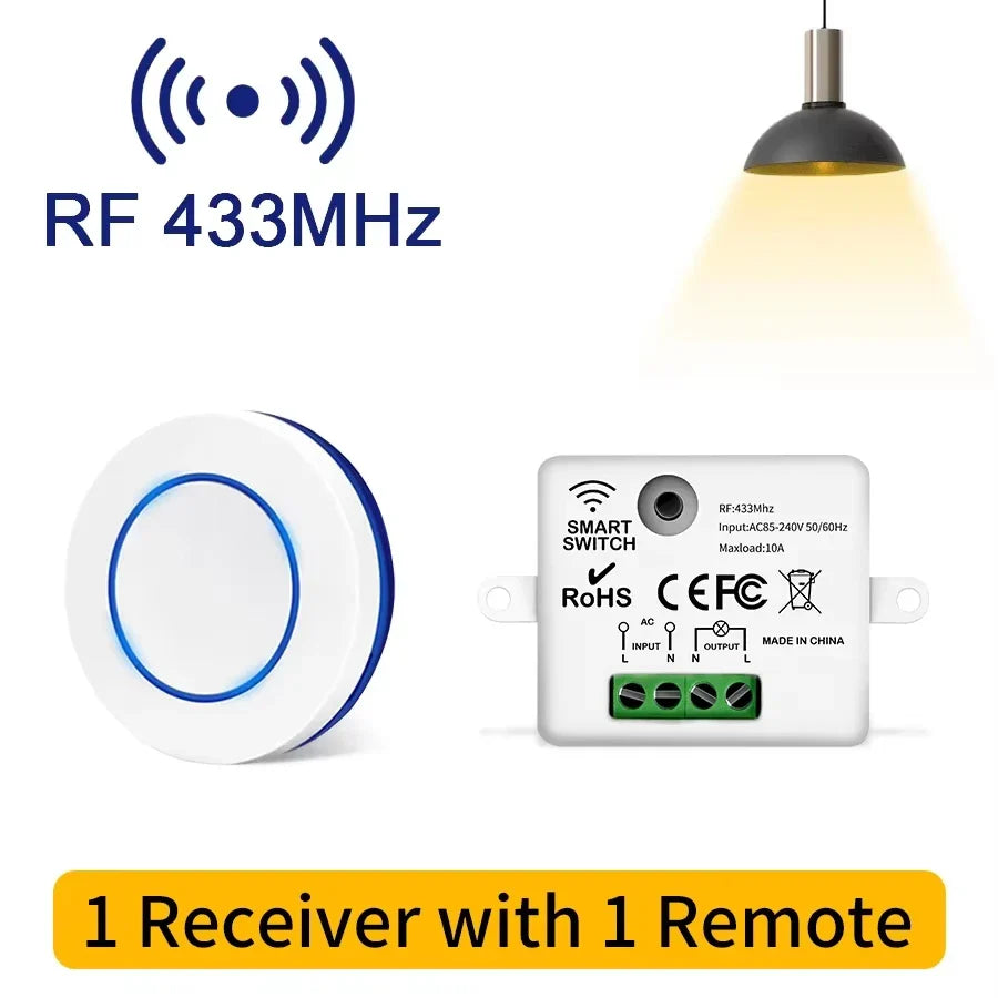 RF 433MHz Wireless  10A Relay Receiver Remote Control Light Switch 220V 110V Mini Round Button Wall Panel Switch For LED Lamp
