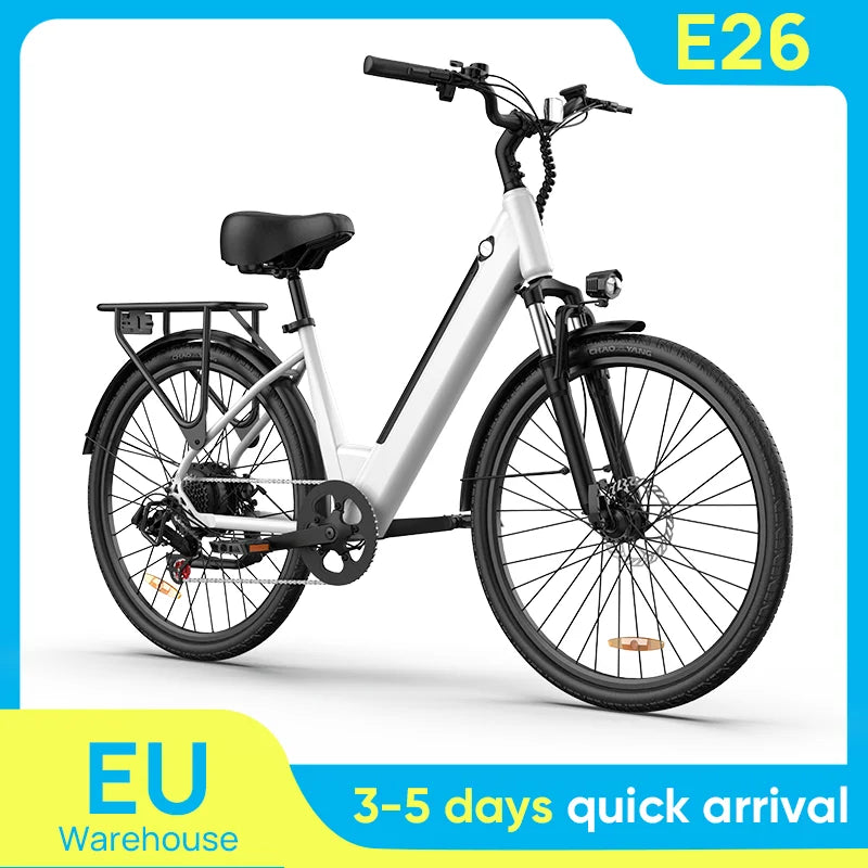 Peak 750W E26 Electric Bike 26x2" Commuter Tires 48V 10.4Ah Removable Battery 20MPH Speed 7-Speeds LCD Display