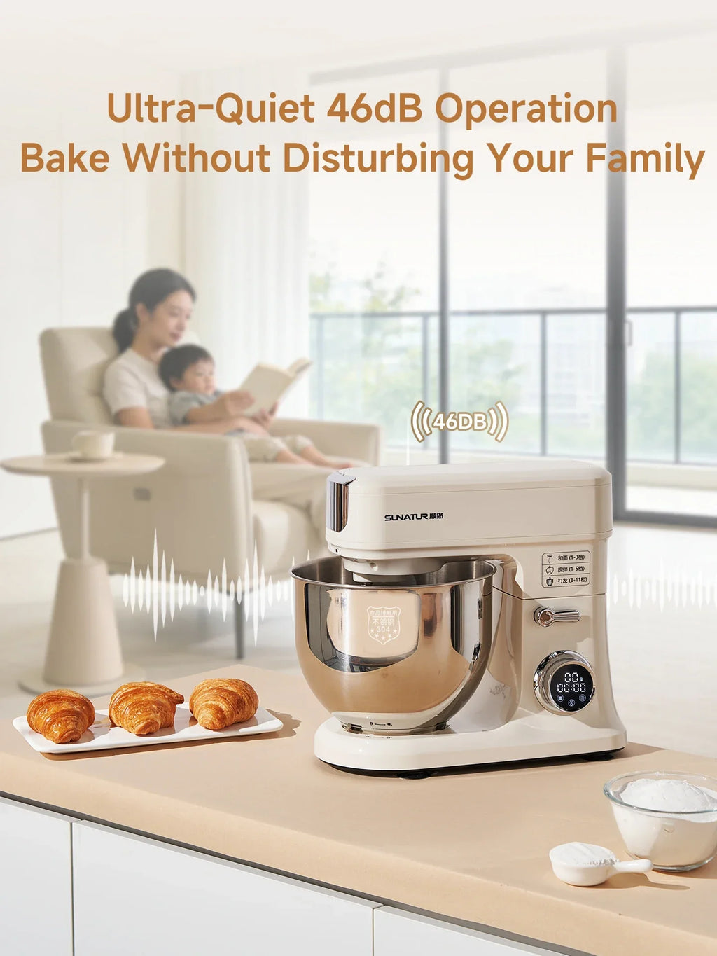 SUNATUR SM-606E Stand Mixer 900W 7L Electric Kitchen Mixer with 11 Speeds & Timer, Ultra-Quiet Dough Mixer for Home Baking