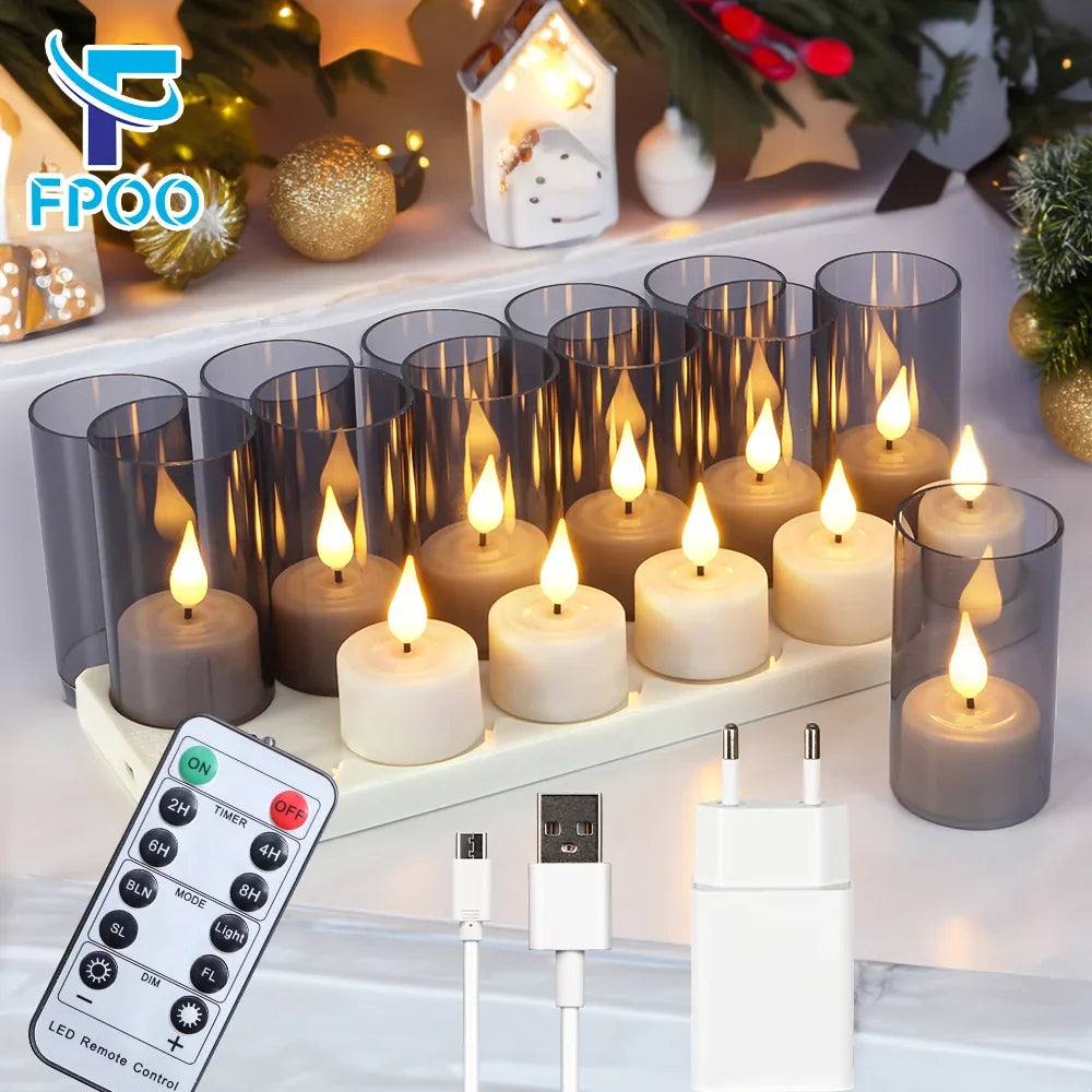LED Candle Light Rechargeable Tea Lights Flameless Candles Led Light Timer Remote With Black Cups For Wedding Home Decor  Lamp