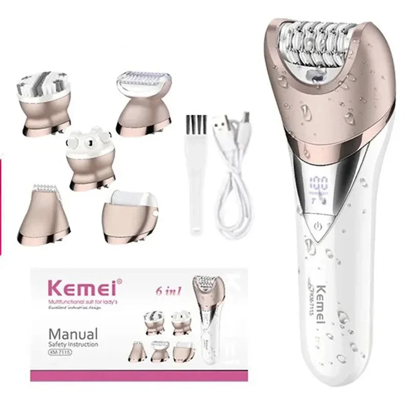 Kemei Bikini Armpit Hair Trimmer Pedicure Electric Razors Body Exfoliator 6 in 1 Epilator Pubic Hair Removal Shaver for Women