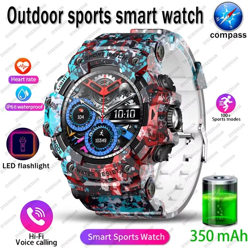 2026 Rugged Sports Smart Watch Bluetooth Calls Colorful Waterproof Military Smartwatches with Flashlight SOS COMPASS for Phone