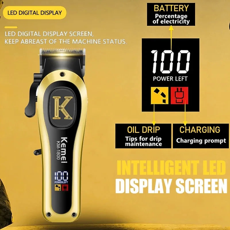 Kemei 1800 Professional Barber Hair Clippers Cordless Electric Hair Trimmers LCD Display Rechargeable Hair Cutting Kit for Men