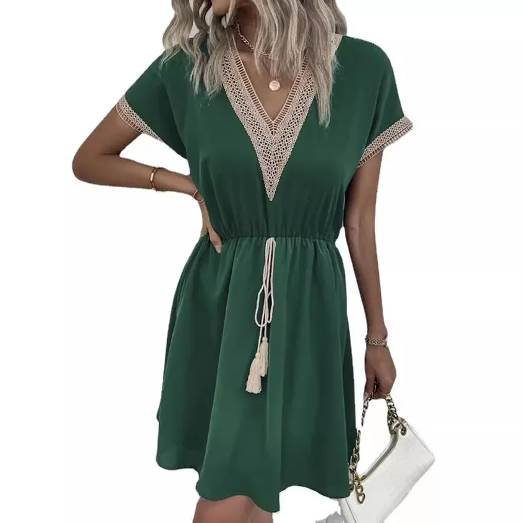 Short Sleeve V-neck Ruffle Waist Cross-border  Elastic Waist Dress