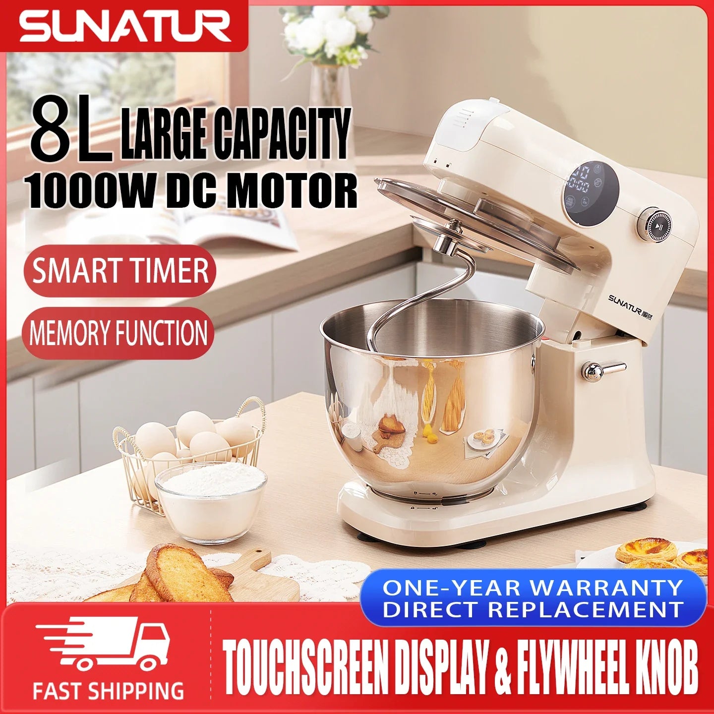 ：Shunran 8L Stand Mixer DC Motor Automatic Dough Kneader Multifunctional Mixer for Home & Commercial Baking