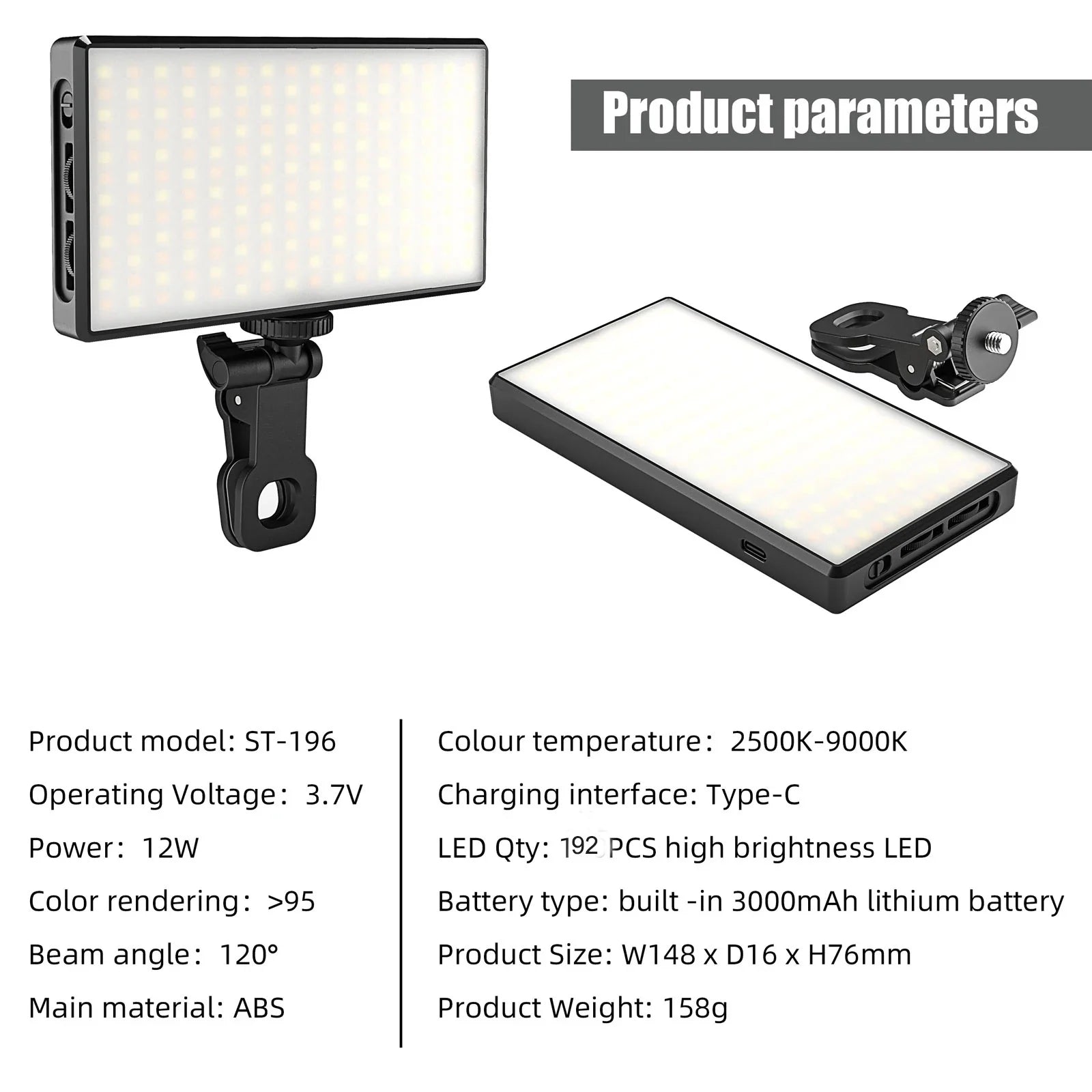 12W 192PCS high brightness LED Photography Live fill light With 3000Mah lithium battery  2500K-9000K Color Temperture Self Light