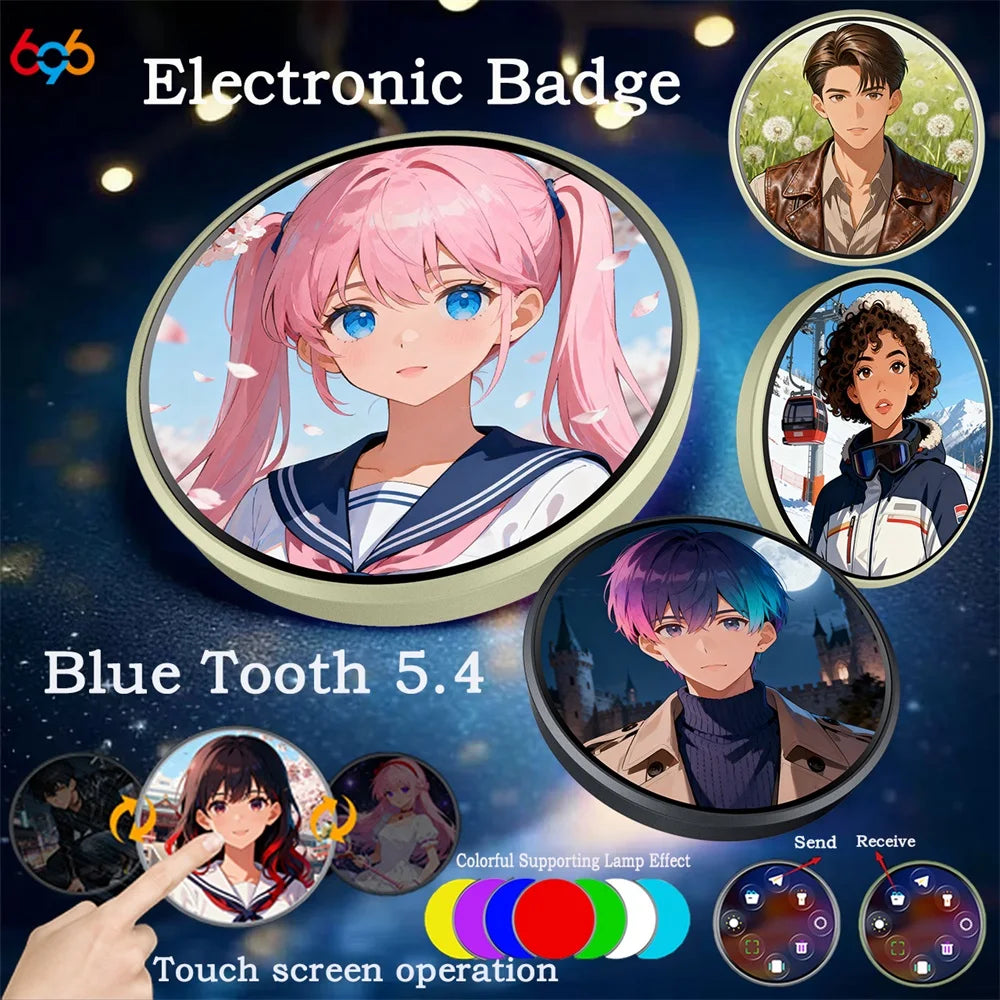 Blue Tooth Electronic Badge Music Video Playback Colored Lights Dynamic Picture Touch Screen Bidirectional Transmission Brooch
