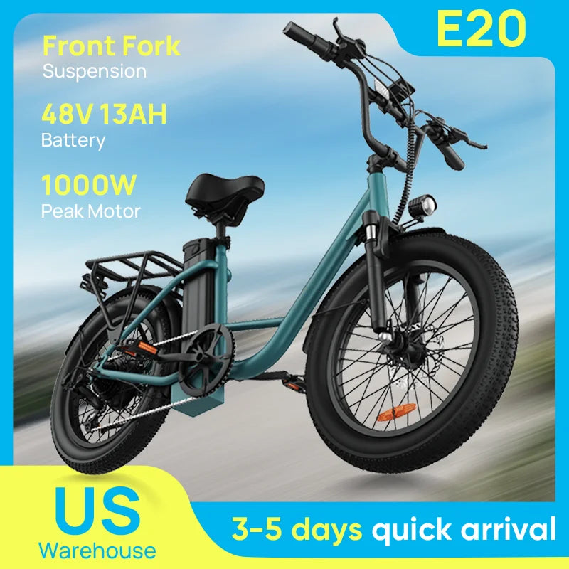 URLIFE 1000W E20 Electric Bike | 48V 13Ah Removable Battery, 20MPH, 20''X3" Fat Tire, 7-Speed E-Bike with Dual Disc Brake