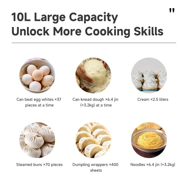 SUNATUR 10L Stand Mixer 1000W DC Quiet Dough Mixer Dual 304 Hooks 6 Speed Electric Food Mixer for Home Commercial