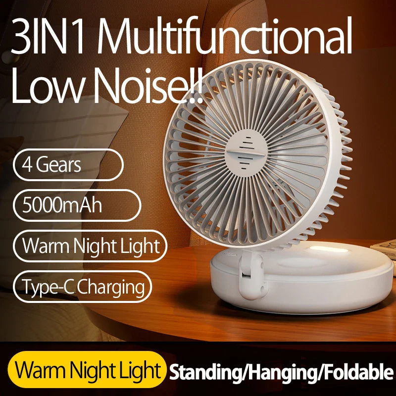 2024 New Style 5000mAh Small Portable Fan Rechargeable Wall Mounted Fan 90° Foldable Desktop Fan 4 Gears With Warm Night Light