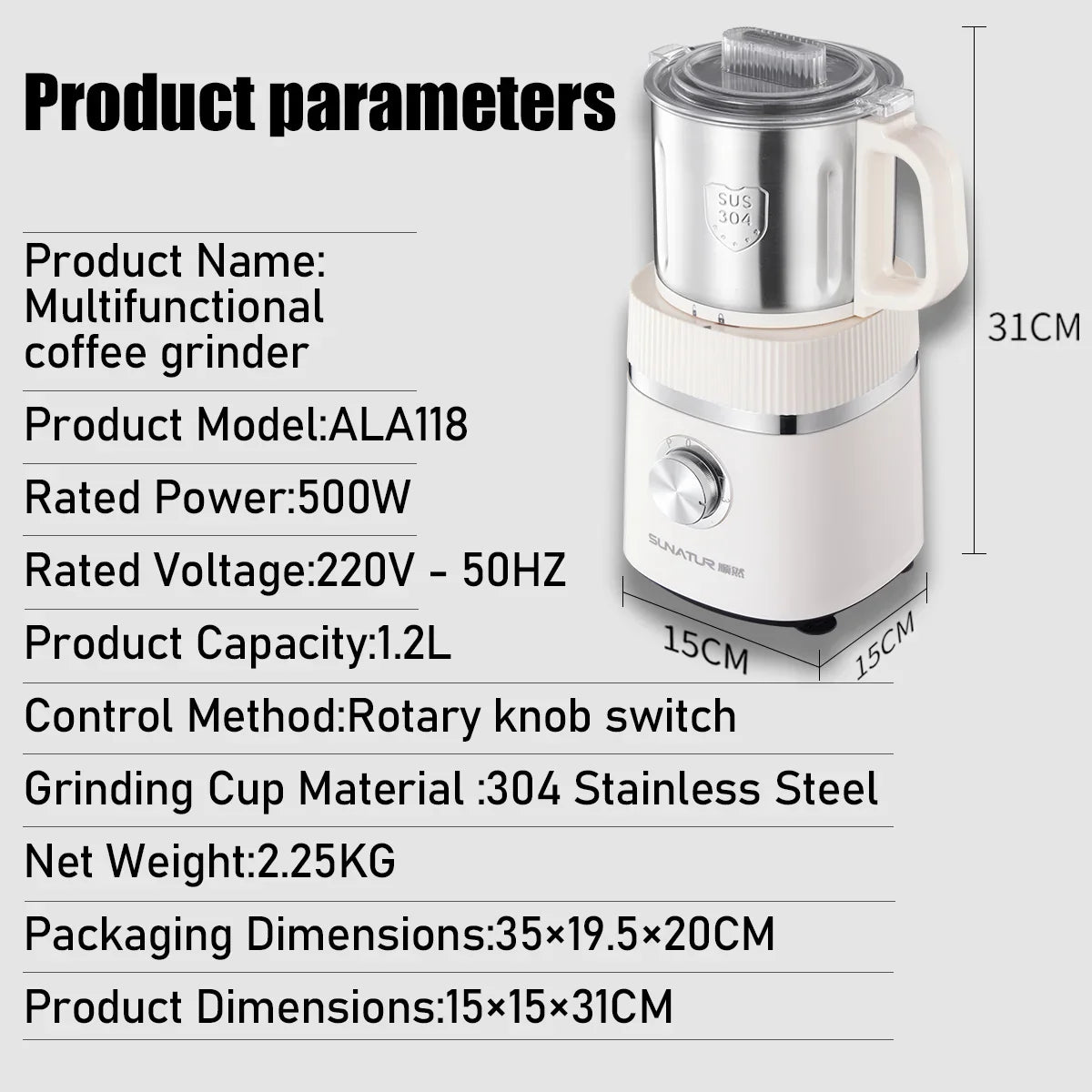 SUNATUR 500W Home Use Food Processor Multifunctional Kitchen Grinder for Coffee Spices Baby Food with Large Capacity