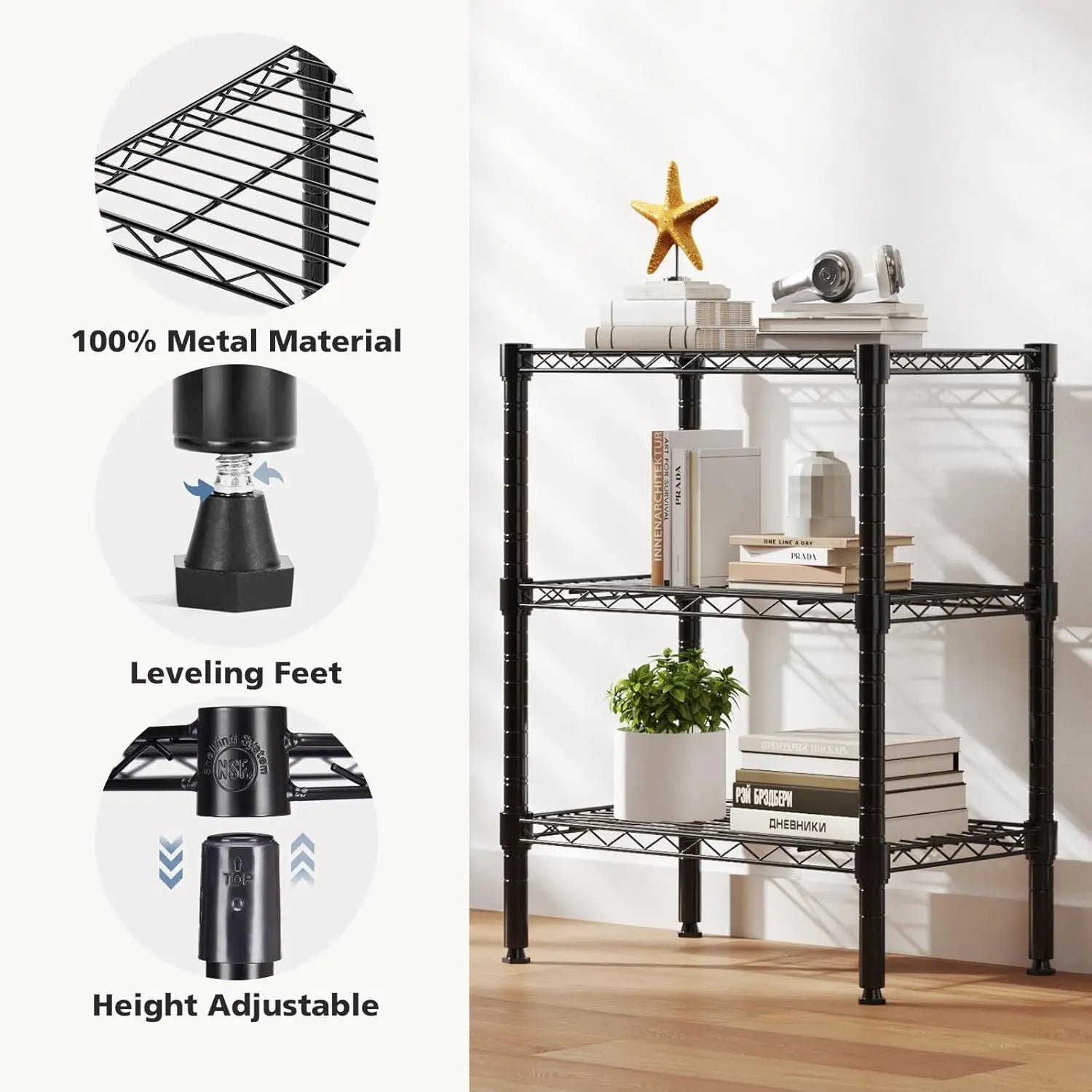 3-Tier Adjustable Metal Wire Storage Shelf, Heavy Duty Steel Rack for Kitchen Bathroom Garage, 23.3"W x 13.4"D x 30"H Black
