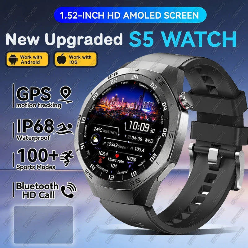2026 New BOXUXING S5 Smart Watch Men HD AMOLED Screen GPS Motion trajectory HeartRate Bluetooth Call 1.52" SmartWatch IP68 Watch