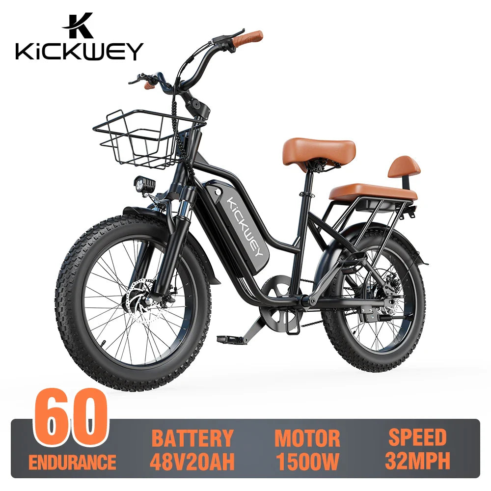Electric Bike for Adults 20'' 1500W Peak Ebike Up to 50 Miles 32MPH Electric Mountain Bike 48V 20AH Removable Battery UL2849