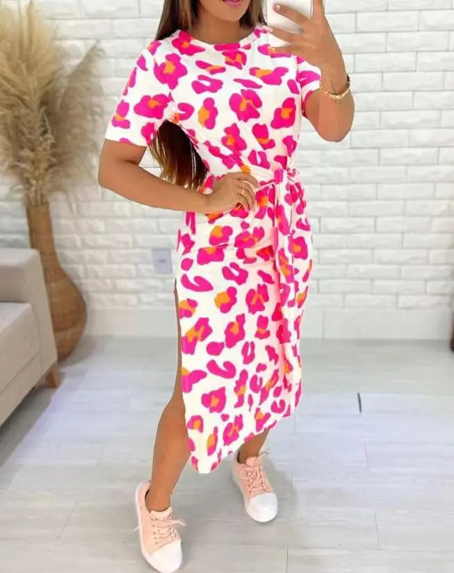 White Leopard Print Dress Tied Detail Slit Side Split Dress
