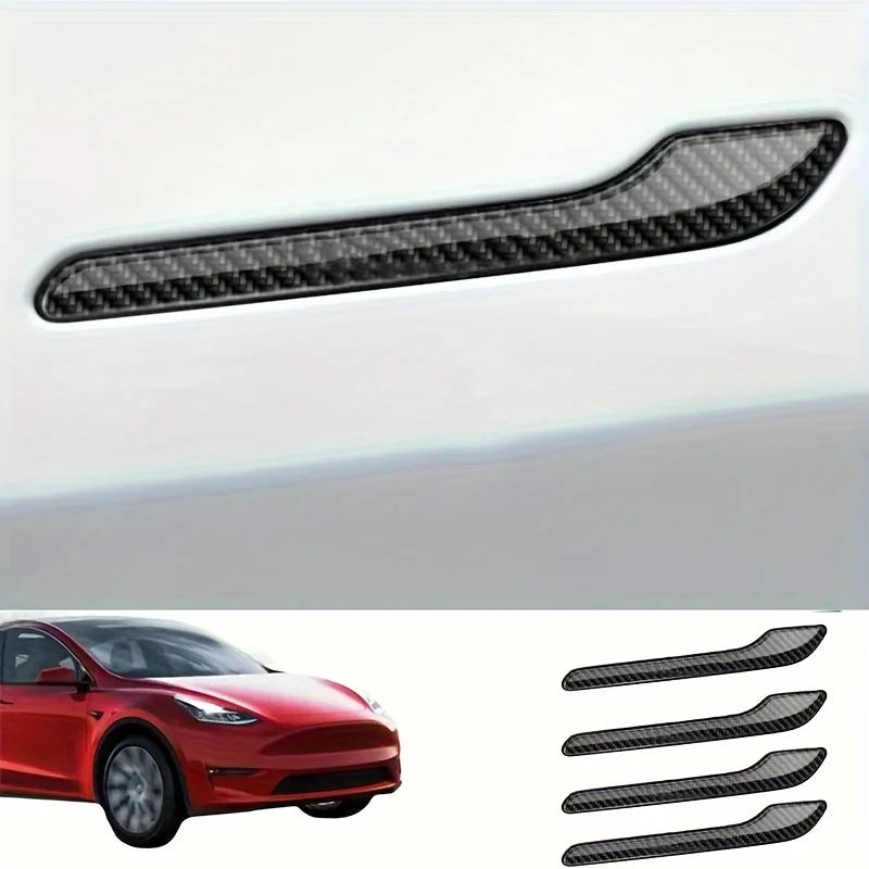 4pcs Set of Black Carbon Fiber Door Handle Covers for Tesla Model 3 & Y - Scratch-Resistant  Tape Polished Finish Amagi