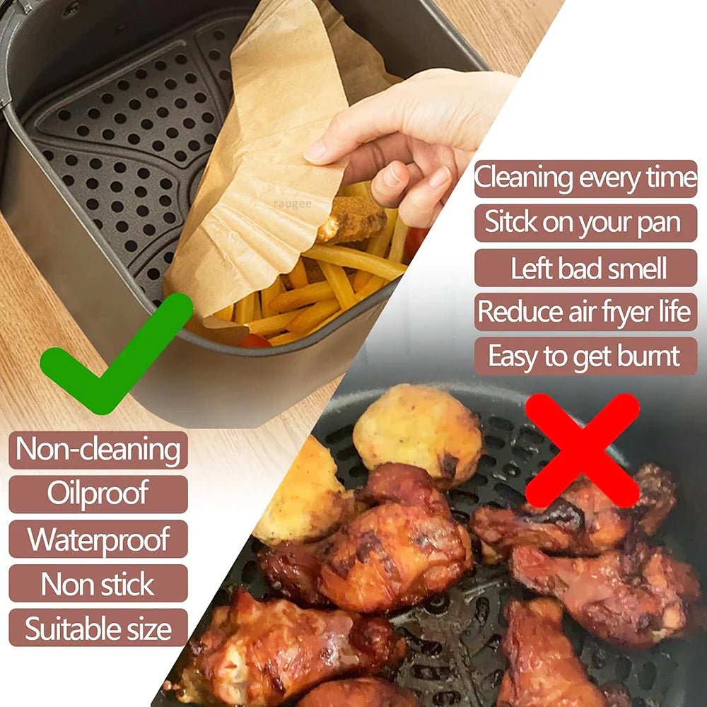 100Pcs Air Fryer Disposable Baking Paper Non-Stick Mat Square Parchment Paper Liners for 3-5L Air Fryer Steamer Baking Microwave