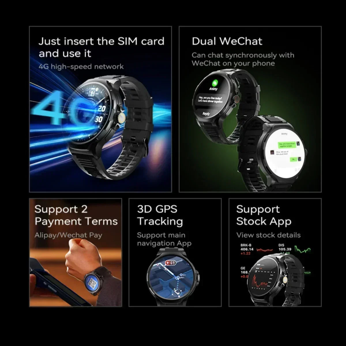 GT100 New Smartwatch 1.85-inch Display HD Screen Android OS 4G SIM Card 180° Rotating Camera WiFi Waterproof Smart Watch Men