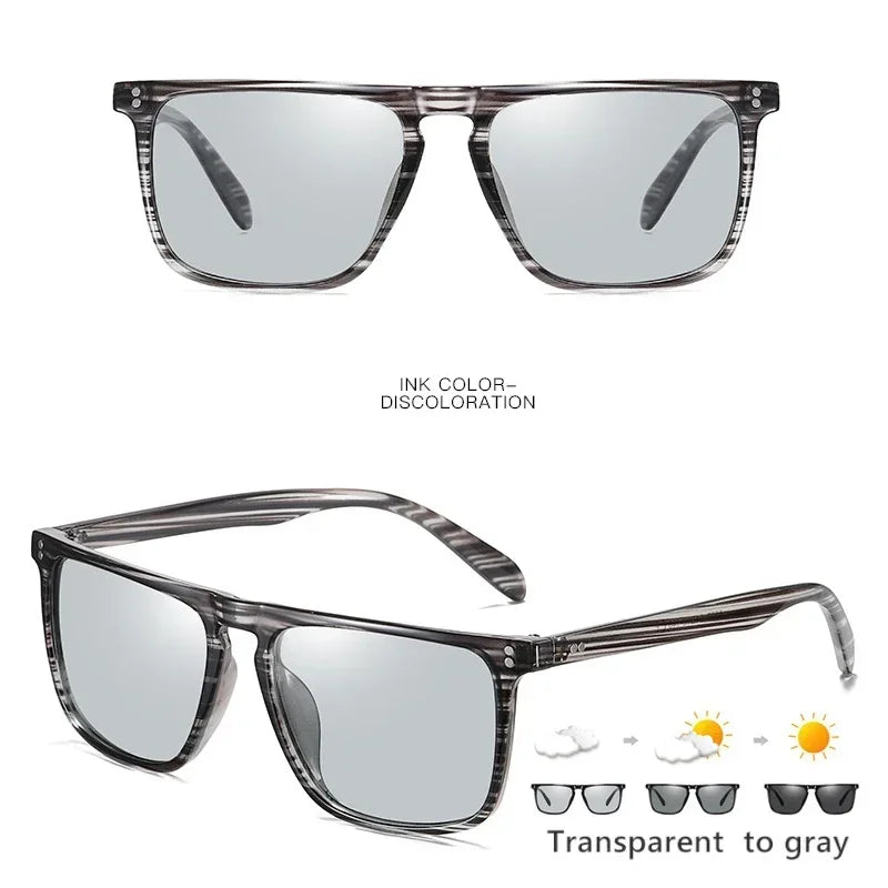 Available Trendy Flat Top Square Photochromic Glasses Stylish Sports Eyewear for Car Running Driving Vacation Travel and Fishing