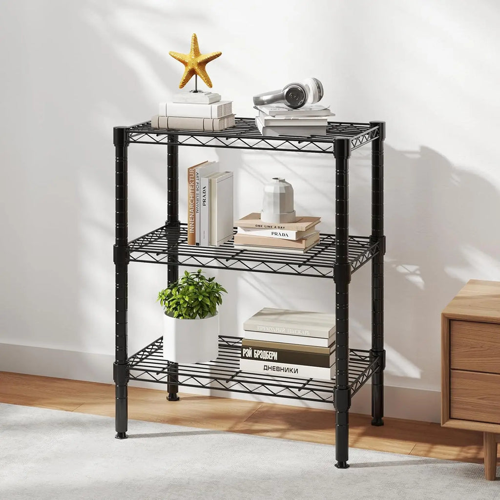 3-Tier Adjustable Metal Wire Storage Shelf, Heavy Duty Steel Rack for Kitchen Bathroom Garage, 23.3"W x 13.4"D x 30"H Black