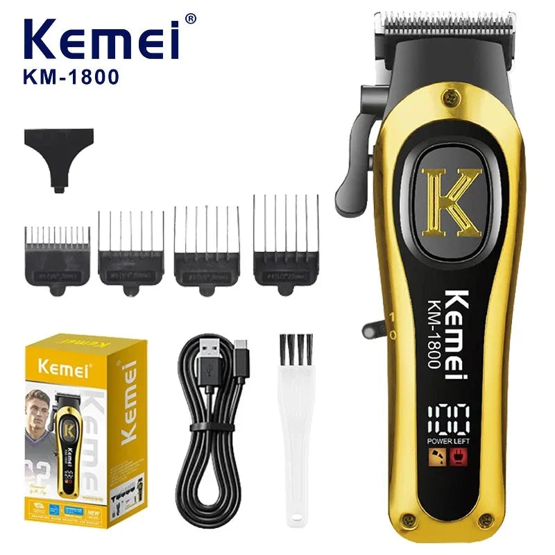 Kemei 1800 Professional Barber Hair Clippers Cordless Electric Hair Trimmers LCD Display Rechargeable Hair Cutting Kit for Men