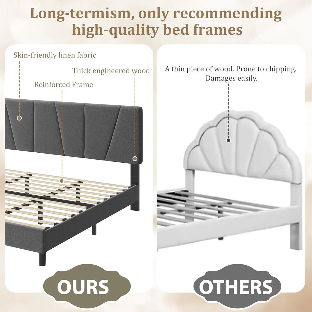 Adjustable Headboard King Size Bed Frame with Linen Upholstery, Sturdy Wooden Slats, Easy Assembly