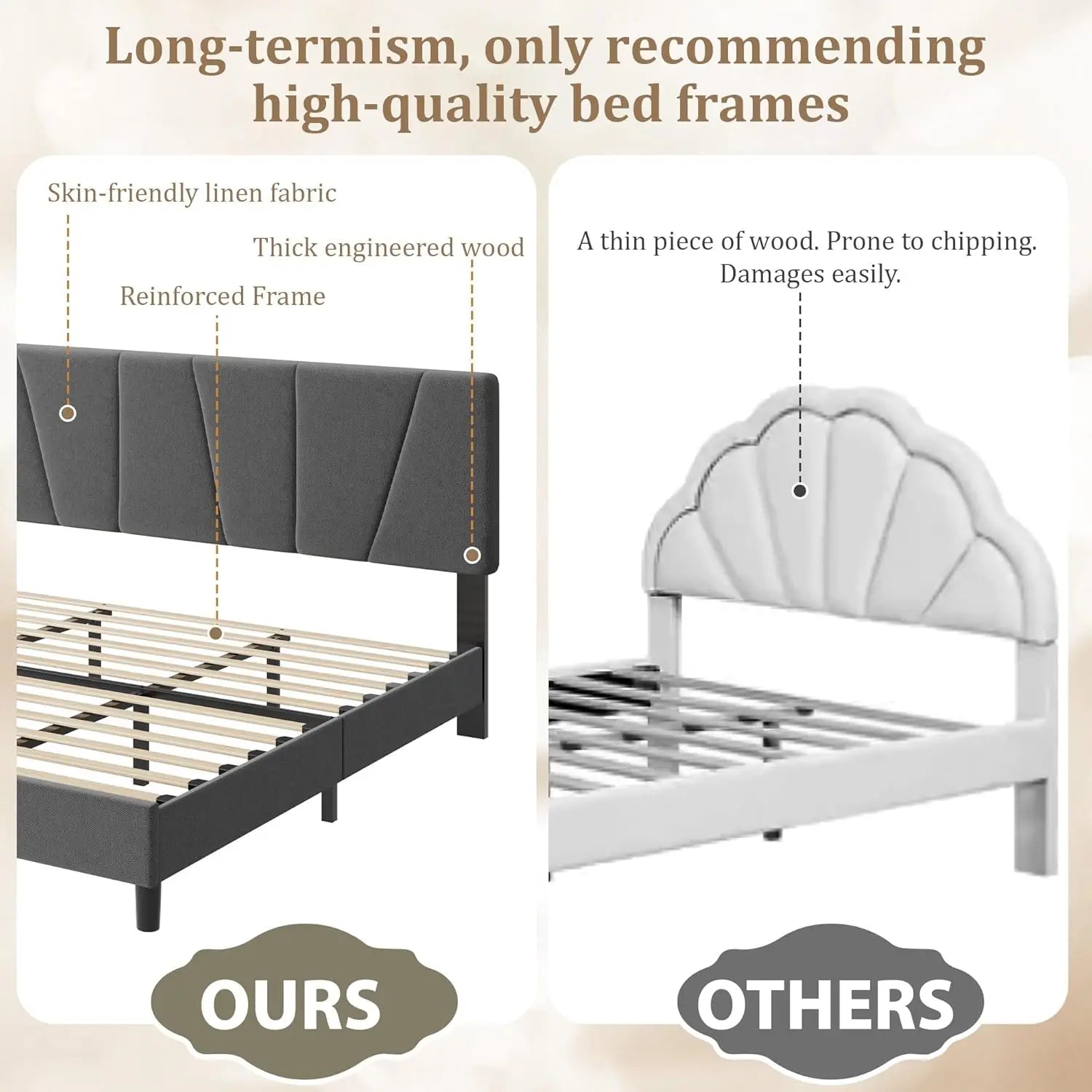 Adjustable Headboard King Size Bed Frame with Linen Upholstery, Sturdy Wooden Slats, Easy Assembly