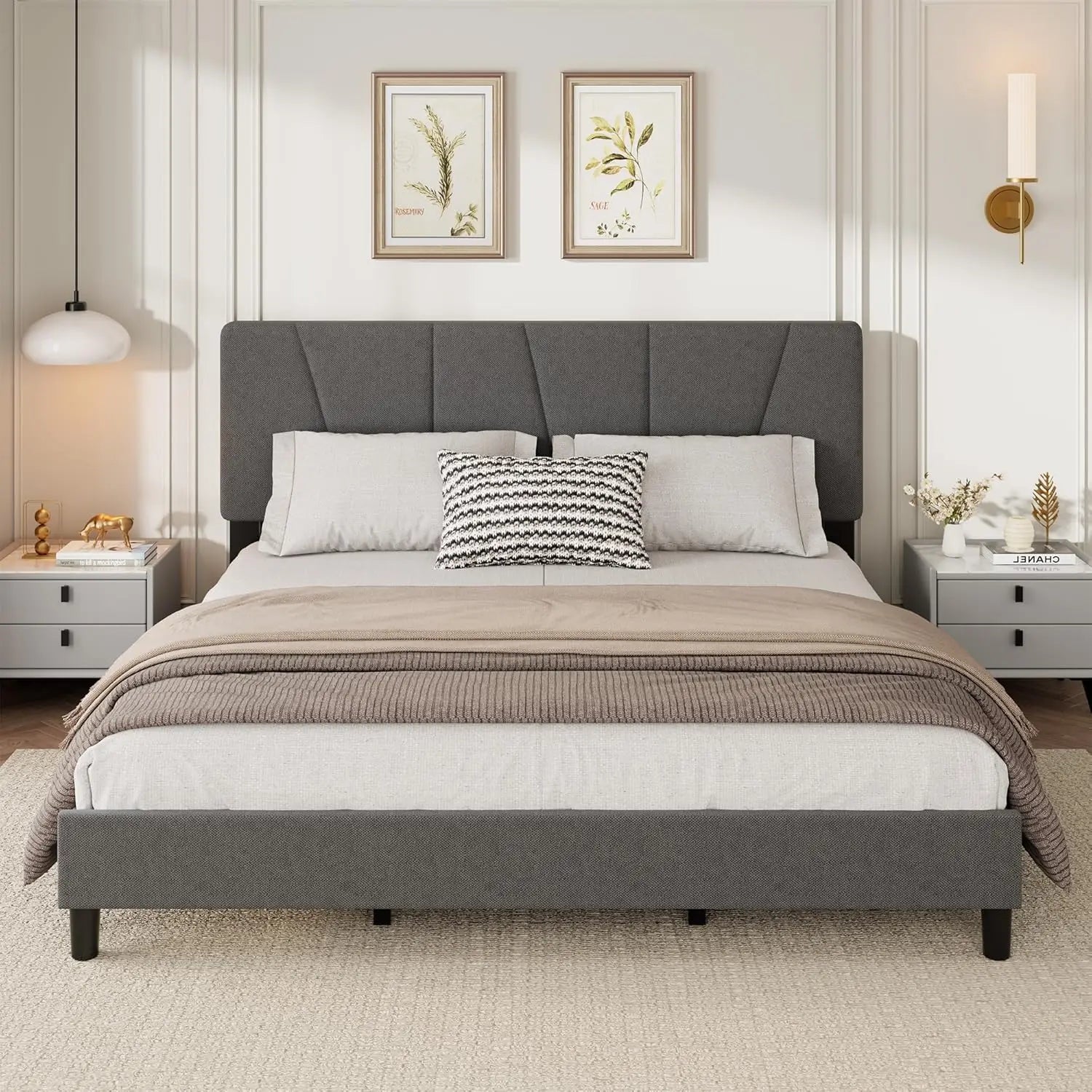 Adjustable Headboard King Size Bed Frame with Linen Upholstery, Sturdy Wooden Slats, Easy Assembly