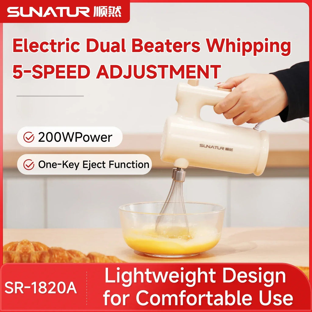 SUNATUR SR-1820A 200W 5-Speed Electric Hand Mixer, Dual Whisks 304 Attachments One-Key Eject for Home Baking