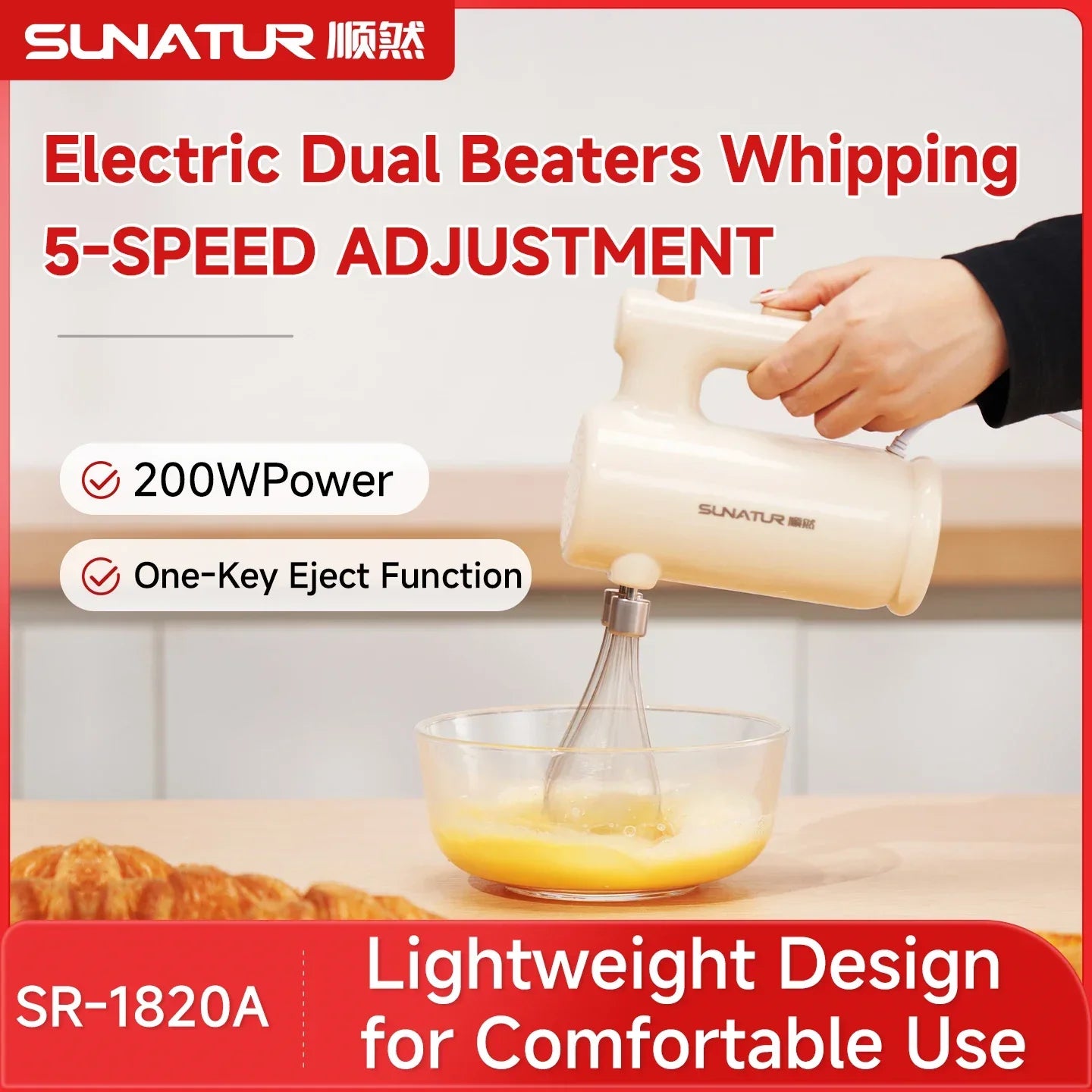 SUNATUR SR-1820A 200W 5-Speed Electric Hand Mixer, Dual Whisks 304 Attachments One-Key Eject for Home Baking