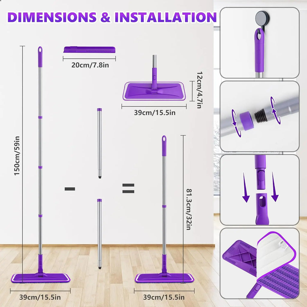 Ultra Slim Microfiber Floor Mop with 4 Washable Pads, Adjustable Handle for Hardwood Tile Vinyl Floors