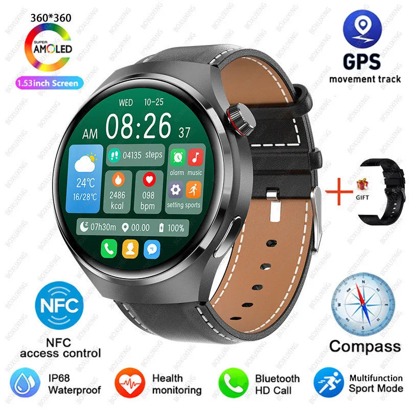 BOXUXING Watch 4 Pro Smart Watch Men GPS Sports Tracker NFC  1.53" HD Screen Health Monitor Watches Bluetooth Call SmartWatch