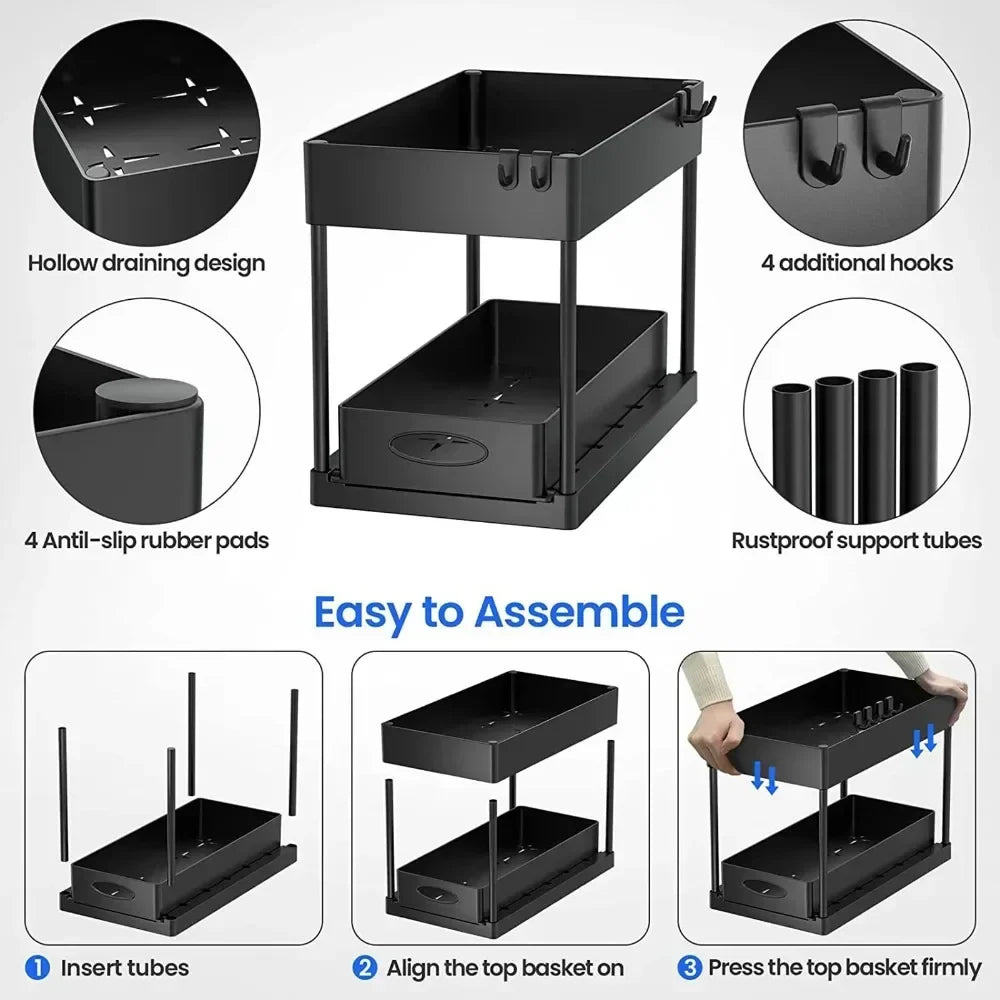 Two-level Pull-down Sink Shelving Sliding Cabinet Basket Shelving Storage Shelf Hanging Cup Bathroom Kitchen Shelving