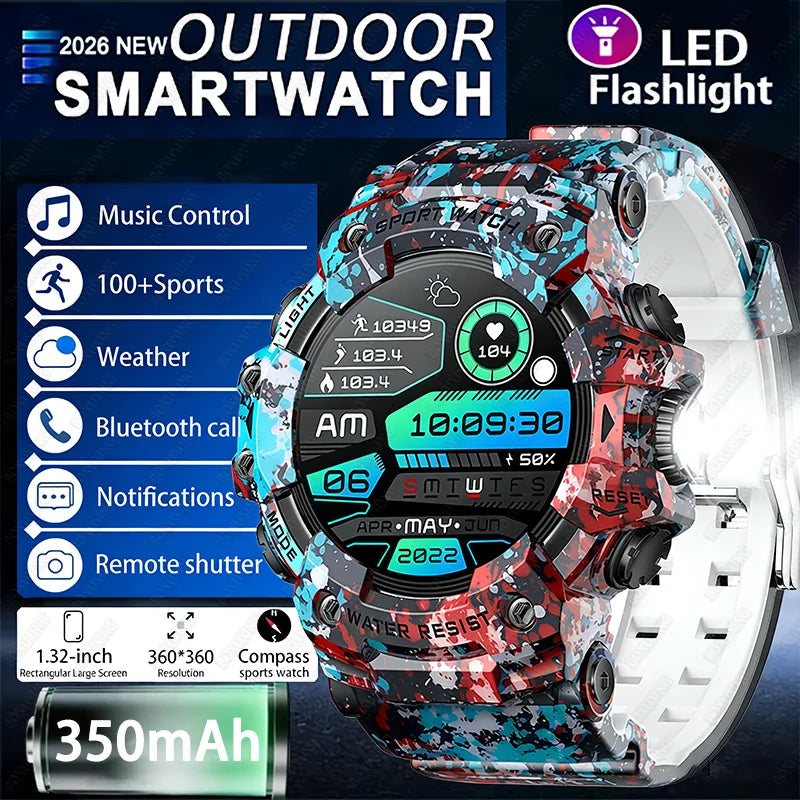 2026 Rugged Sports Smart Watch Bluetooth Calls Colorful Waterproof Military Smartwatches with Flashlight SOS COMPASS for Phone