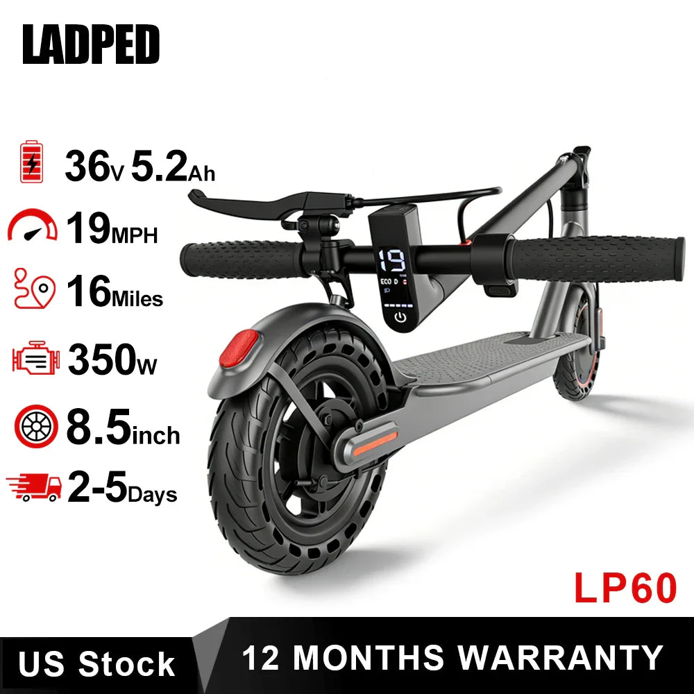 2026 LADPED LP60 Electric Scooter 350W Max 19mph Speed 8.5inch Tire Folding Design with 16 Miles Range for Adult Urban Commuting