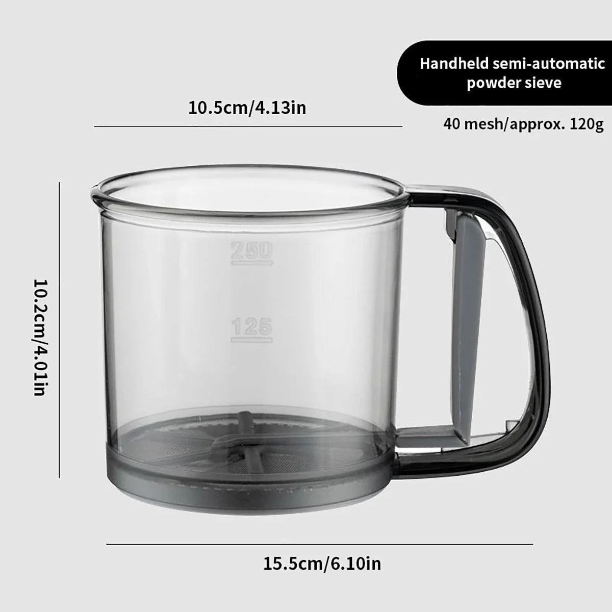 Kitchen baking, cake flour sieve, 40 mesh semi-automatic filter sieve, flour sieve with capacity scale