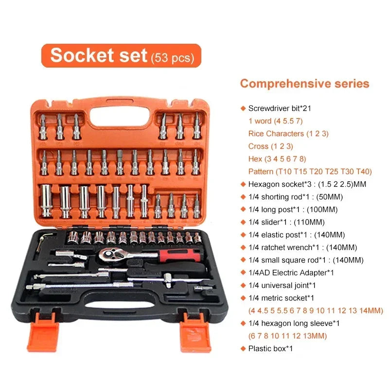Motorcycle 46pcs 1/4 Inch Drive Socket Ratchet Wrench Set Complete Car Repair Kit for Auto and Bicycle Maintenance Tools amagi