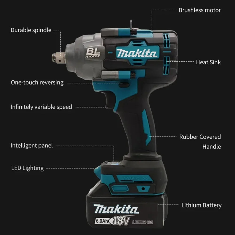 Makita 1000Nm Brushless High-Efficiency 18V Impact Wrench, Torque, Reduces Tire Change Time,Truck tire tool, Lug nut removal
