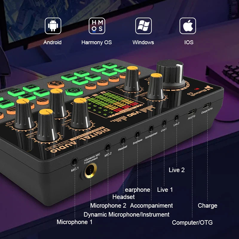 Gaming Audio Mixer,Streaming Mixer with Audio Interface BT Sound Board Voice Changer Sound Card,for PC Phone Live Streaming