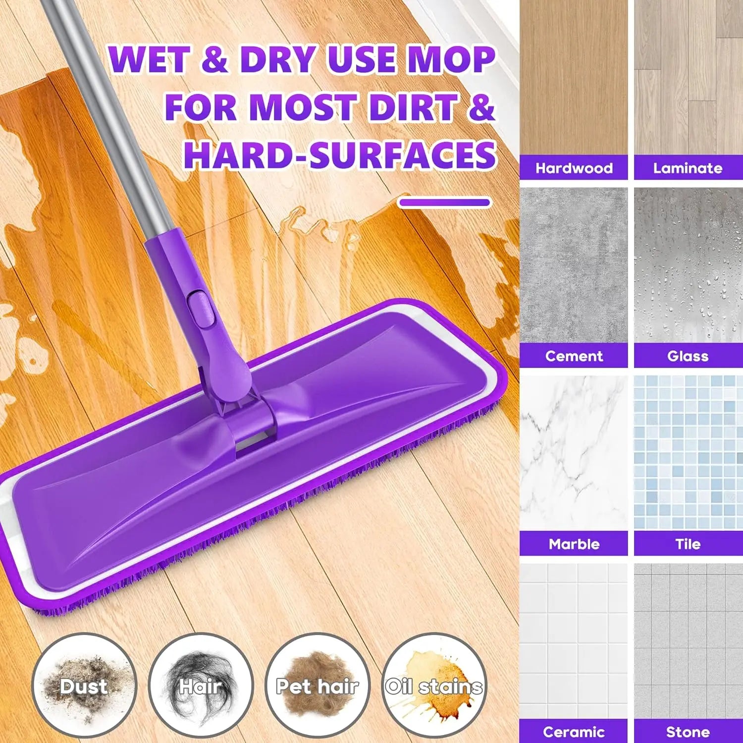 Ultra Slim Microfiber Floor Mop with 4 Washable Pads, Adjustable Handle for Hardwood Tile Vinyl Floors