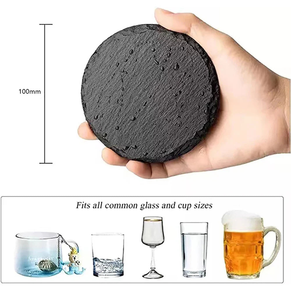10Pcs Natural Slate Drink Coasters Round Black Stone Insulation Cup Coaster for Coffee Table, Home Kitchen, Bar