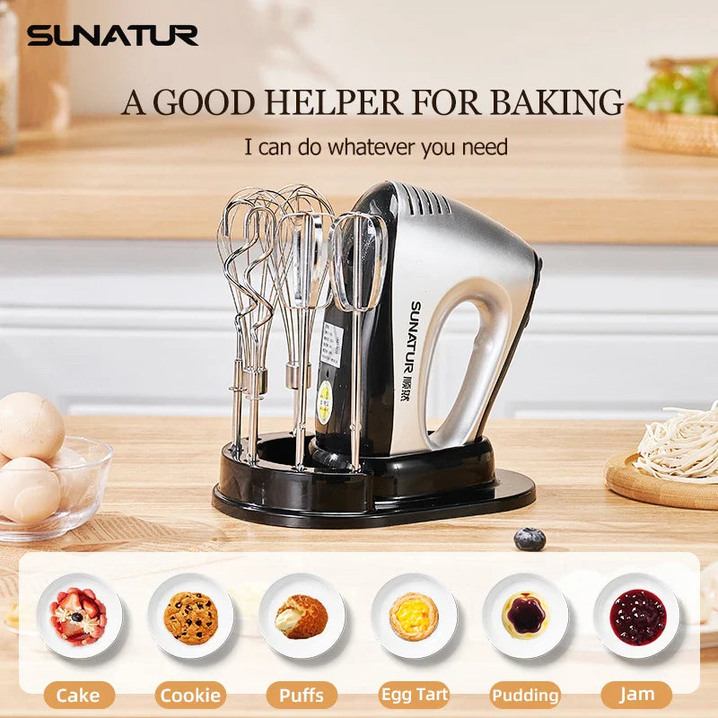 SUNATUR 300W Electric Hand Mixer - 5-Speed Egg Beater with Storage Base&Stainless Steel Attachments