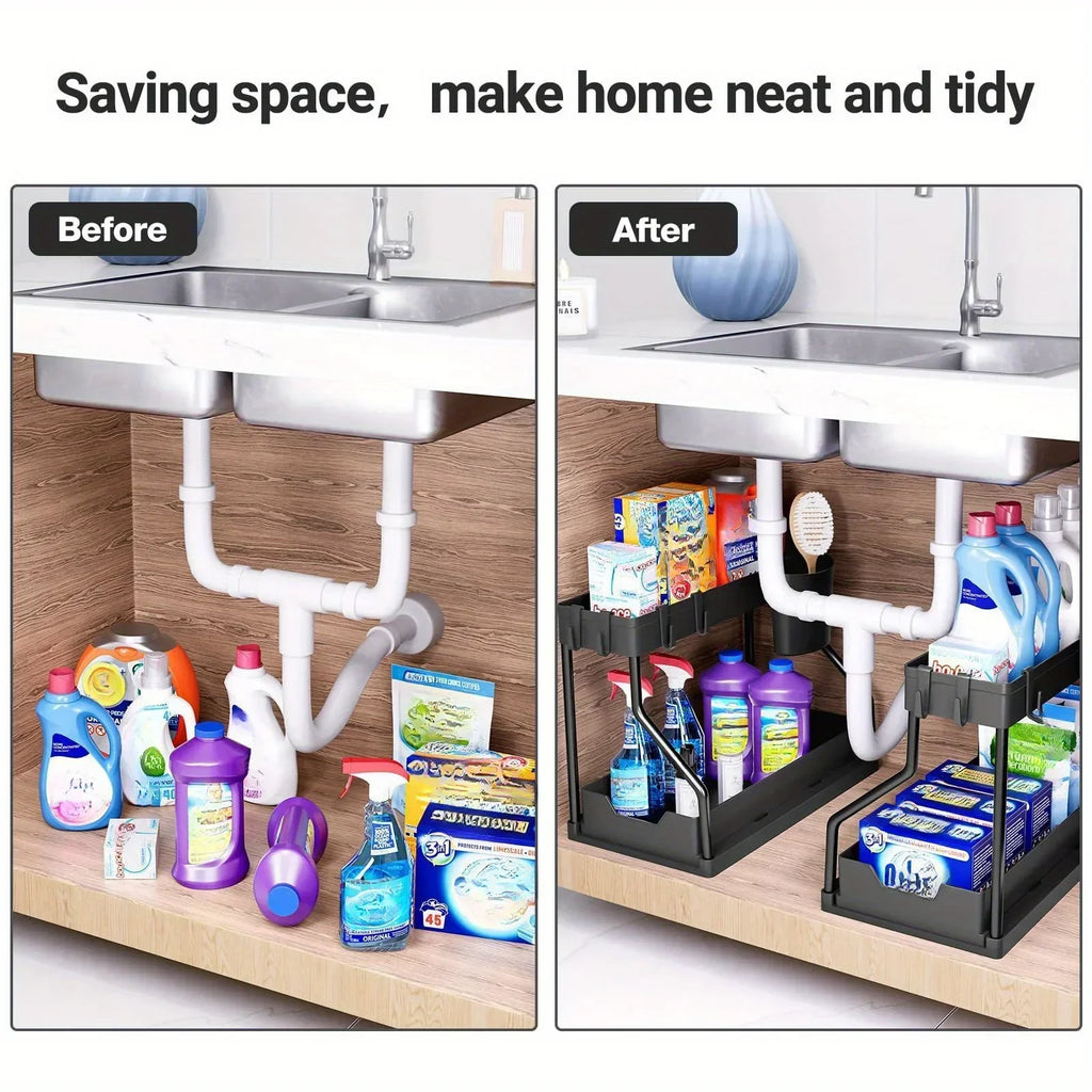 Bathroom & Kitchen Multi-Layer Pull-Out Storage Rack - Clutter Organizer for Sink Area & Seasonings