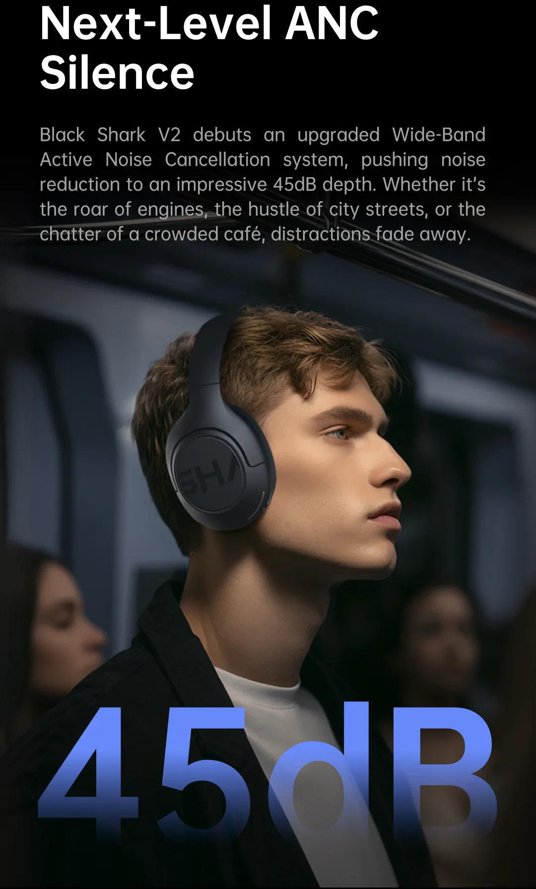 Black Shark V2 Wireless Headphones, ANC Noise Reduction Over-Ear Foldable Headset Bluetooth 5.4 100H Play Hi-Fi for Games Sports