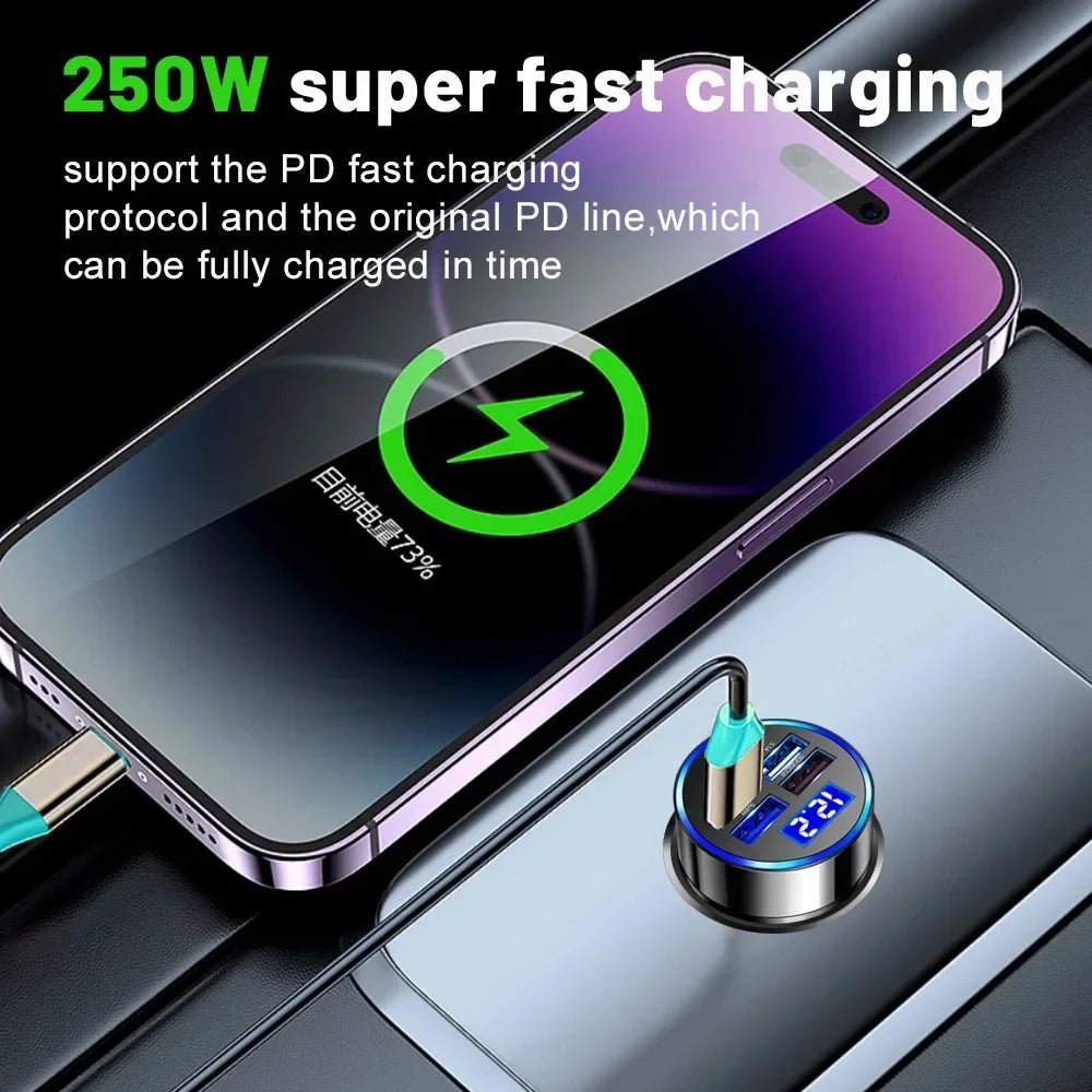 5 Ports LED Car Charger 250W Fast Charging Adapter Type C PD Mini Car Phone Charger for Iphone Samsung Huawei Xiaomi