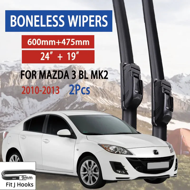 For Mazda 3 BL MK2 2010-2013 Car Wiper U-type Soft Rubber Boneless Wiper HD Quiet Durable Automotive Wiper 24"+19"