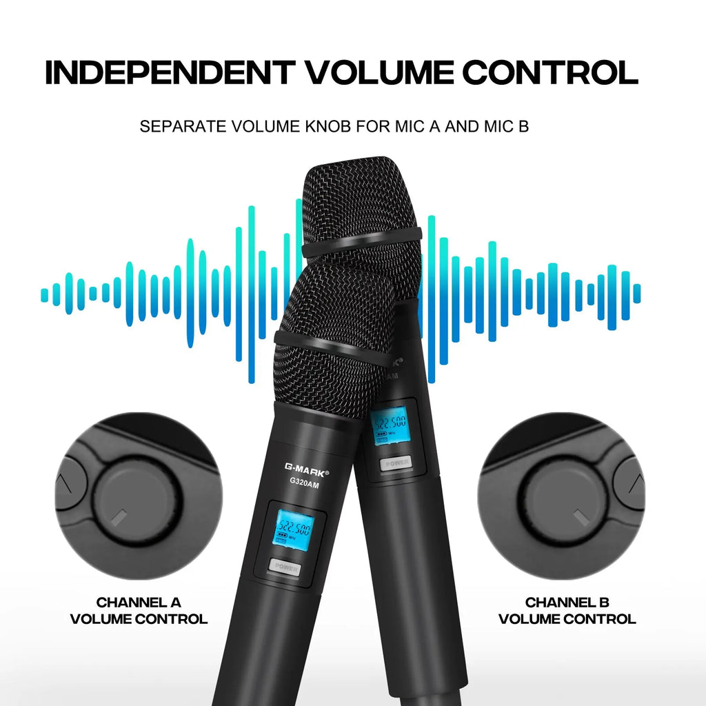Wireless Microphone G-MARK G320AM Professional UHF 2 Channels Karaoke Mic Handheld Automatic Frequency Adjustable 100M