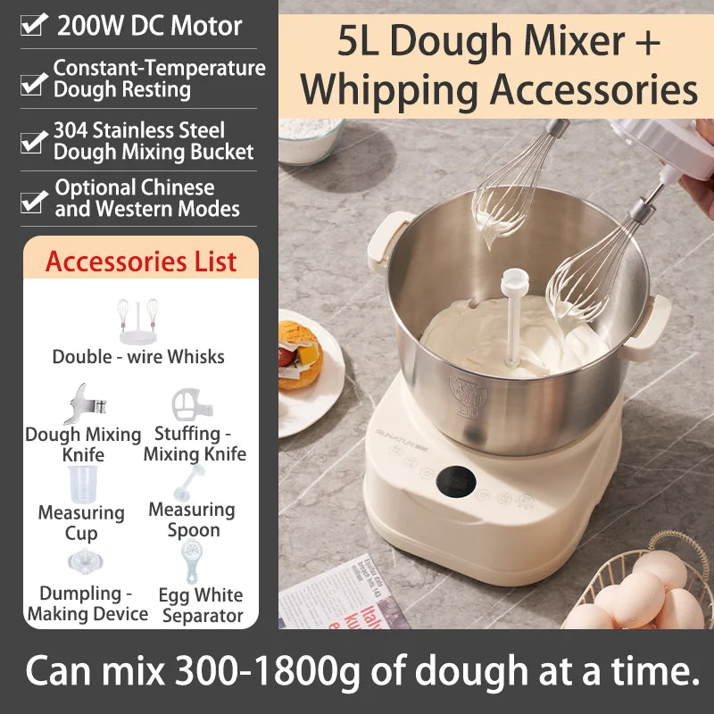 SUNATUR 5L/7L Electric Dough Mixer,250W DC Motor,Stainless Steel Bowl,Timed Fermentation,All-in-One