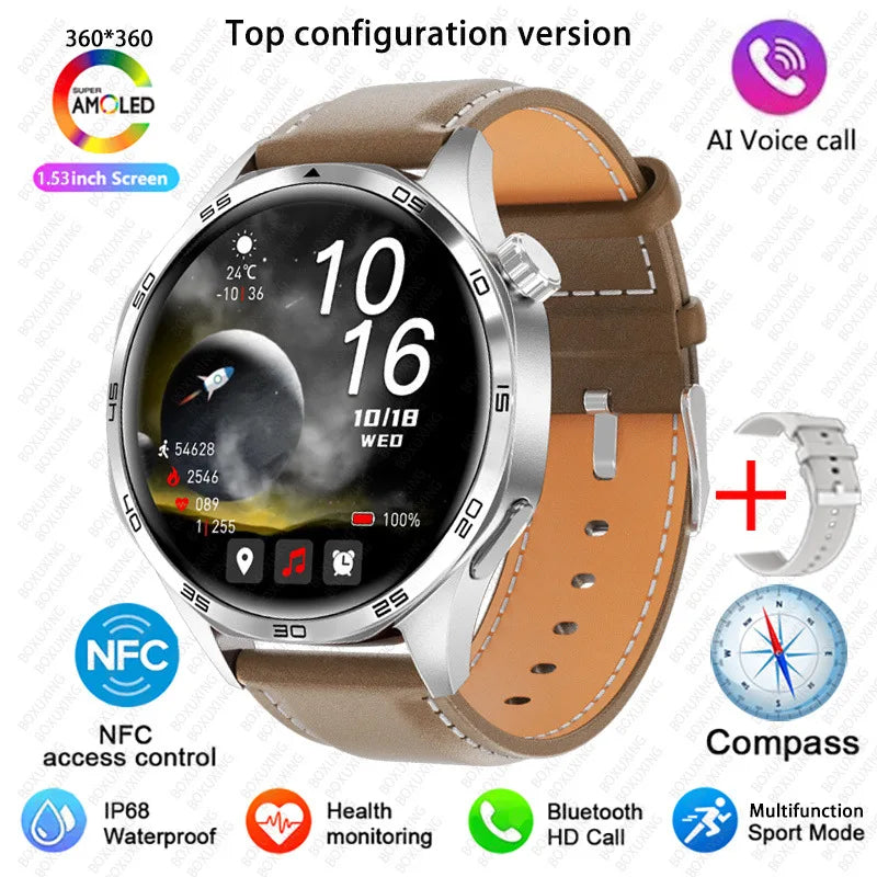 BOXUXING 2026 New Smart Watch Men Watch 5 Pro AMOLED HD Screen Bluetooth Call GPS Trajectory NFC Heart Rate Compass SmartWatches