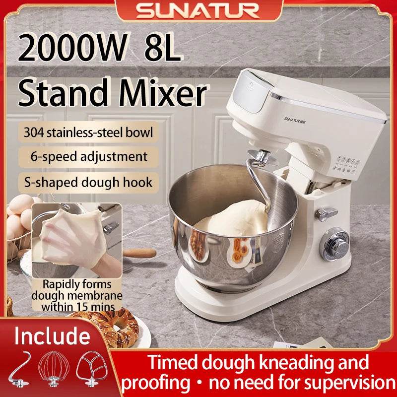SUNATUR 8L Stand Mixer 2000W,Stainless Steel Bowl,6-Speed Dough Kneader&Egg Beater,Timed Fermentatio